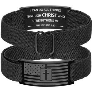 American Flag Cross Bracelet for Men Women, Black Elastic Stretch Strap